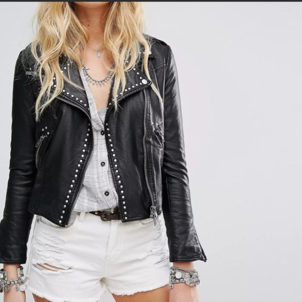Free People Studded Vegan Moto Jacket. Black. Size XS